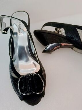 US5👠Elegant Vintage Prom Black Satin Slingback Heels with Rhinestone Bow